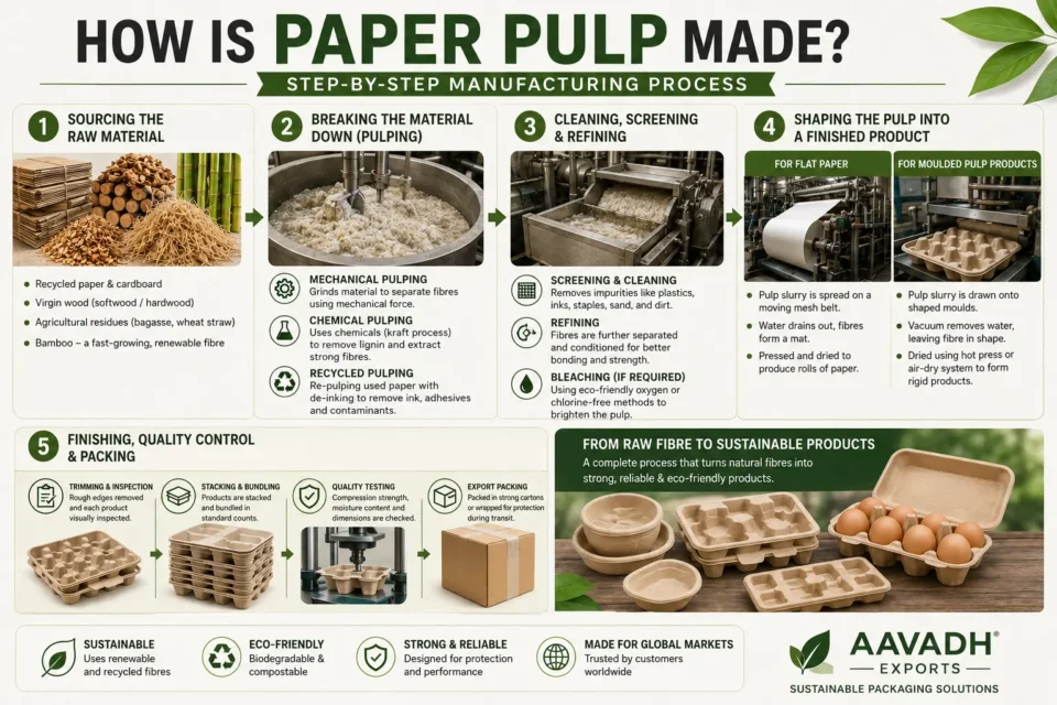 How paper pulp is made from raw materials through pulping, refining, molding and drying